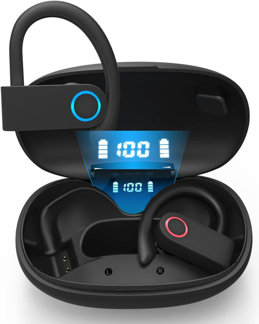 Wireless Earhooked Earbuds Bluetooth Headphones with IPX6 Waterproof,50H Playtime HiFi Stereo & Battery Display Case & Comfort Fit in-Ear Earphones for Workout/Running/Sport