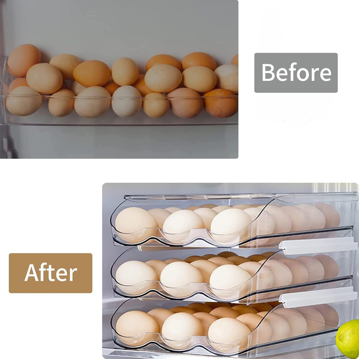 Auto Rolling Egg Storage for Fridge | Stackable Egg Organizer | Refrigerator Egg Holder with Lid | Kitchen Fridge Storage Box | Space Saving Egg Container - PuriLite