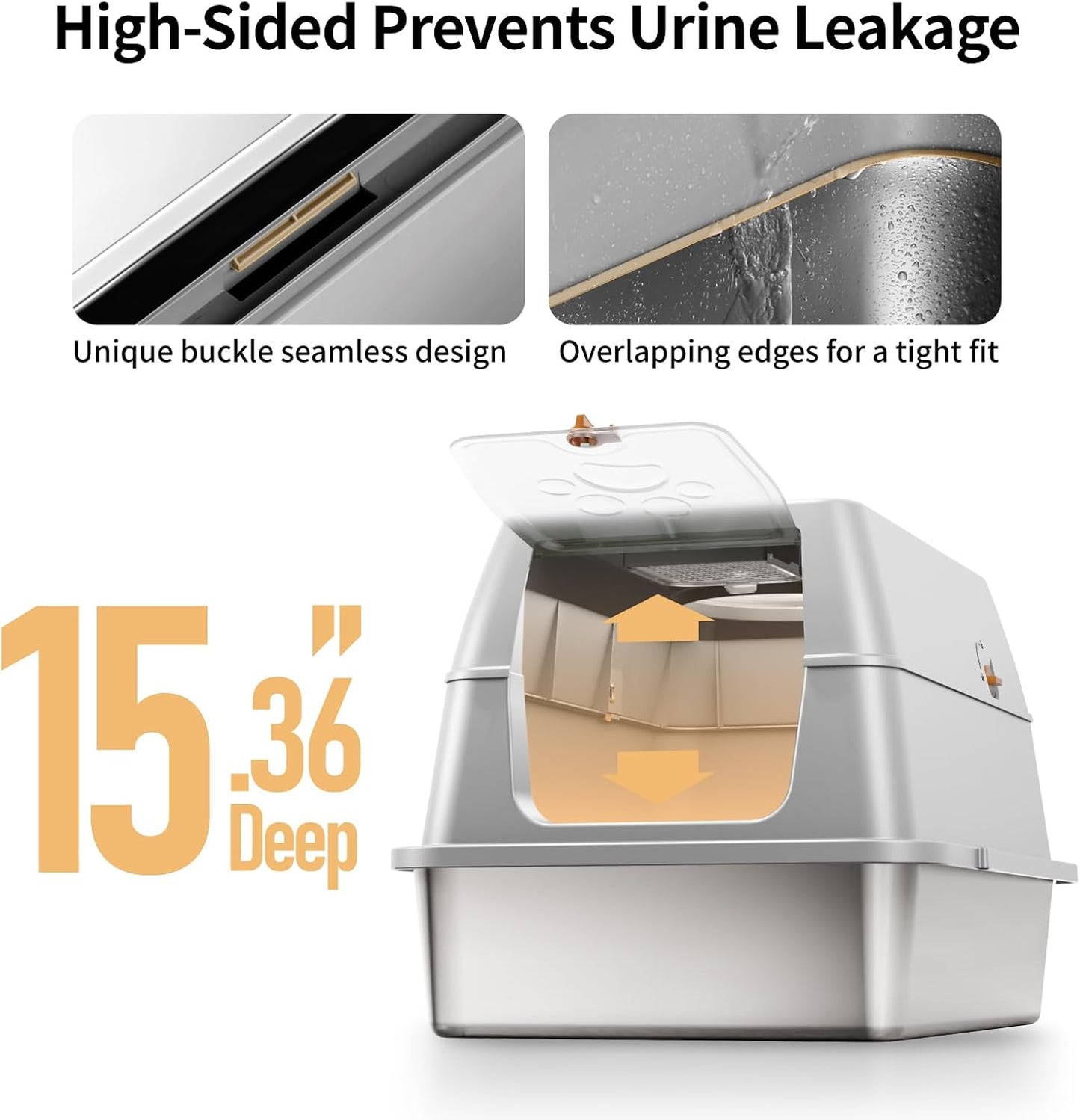 Eosarcu Stainless Steel Cat Litter Box with Lid, 180° Flip-Top XL Extra Large Enclosed Litter Box, Covered Metal High Sided Litter Pan with Steps & Scoop, Easy Cleaning, Odor Control,Non-Sticky-Black