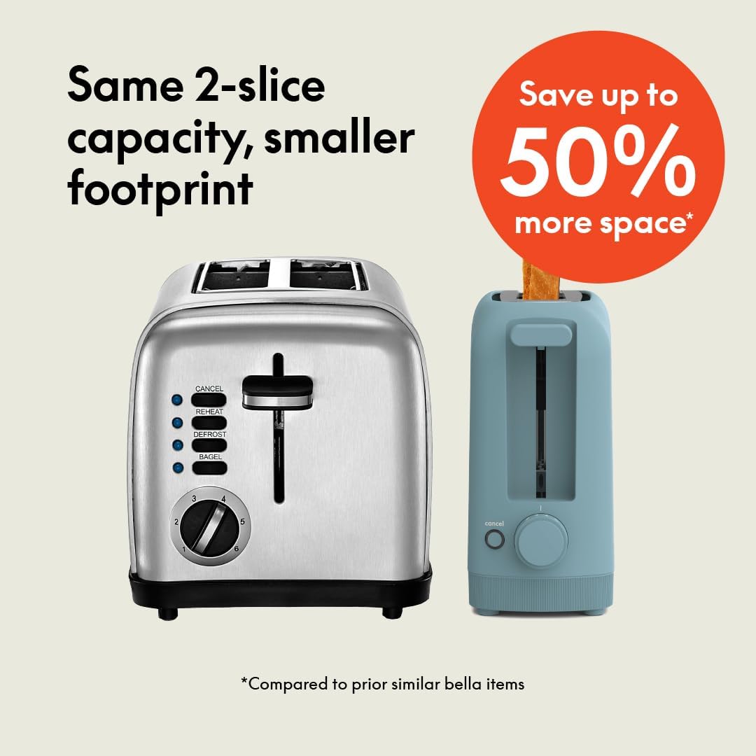 bella 2 Slice Slim Toaster, Fits-anywhere™ Kitchenware, 6 Setting Shade Control with Reheat & Cancel Buttons, Fits sourdough, 10” Long Slot, Anti Jam & Auto Shutoff, 900 Watt, Surf
