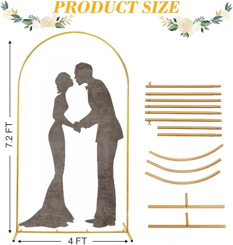7.2 Ft Metal Wedding Arch Stand Gold Adjustable Backdrop with Base for Ceremony Birthday Bridal Baby Shower Outdoor Indoor Graduation Party Balloon Decoration Arched Square Frame (Gold, 7.2FT)