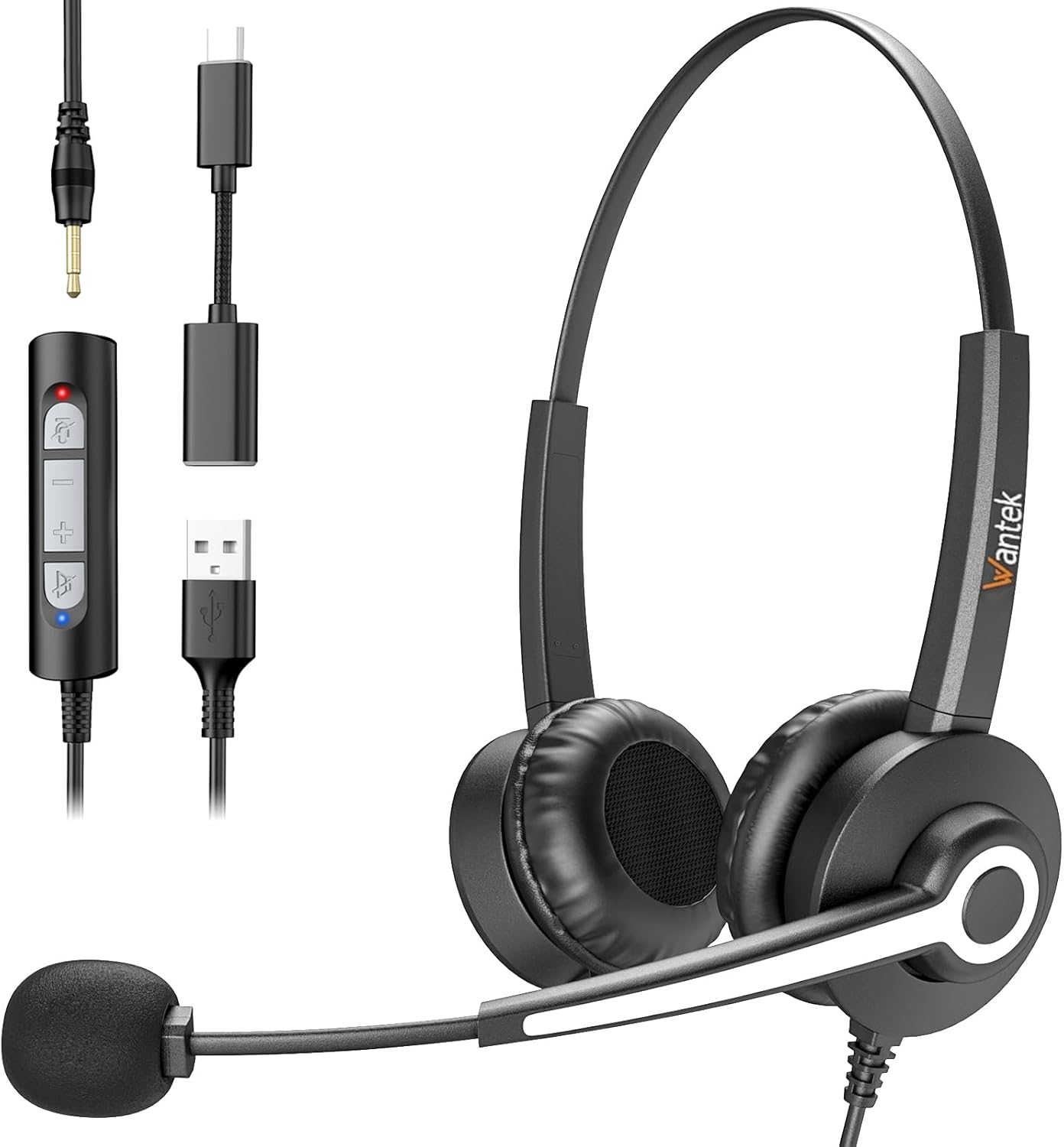 Wantek USB Headset with Microphone for PC, On-Ear Headphones - Computer Laptop Wired Headset with Mic Noise Cancellation & Volume Control for Work Home Office Online Classroom Zoom Skype