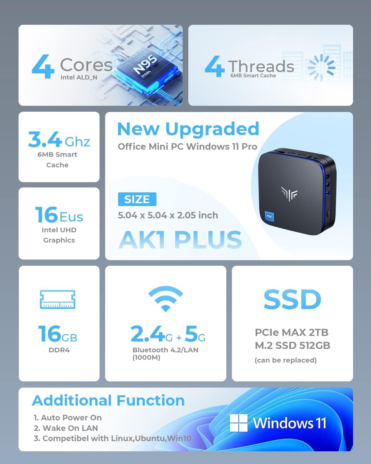 KAMRUI AK1PLUS Mini PC W-11 Pro, 12th Gen N95 Processor (up to 3.4GHz), Mini Desktop Computers with 16GB RAM 512GB M.2 2.5" SSD, Mini Computer Support Dual 4K UHD for Home Business Office
