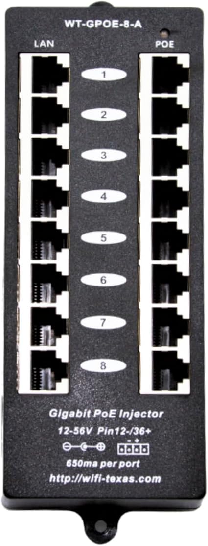 Purilite Select 8-Port Gigabit PoE Injector with 48V Power Supply – 60W Total Output for IP Phones, Cameras & Access Points
