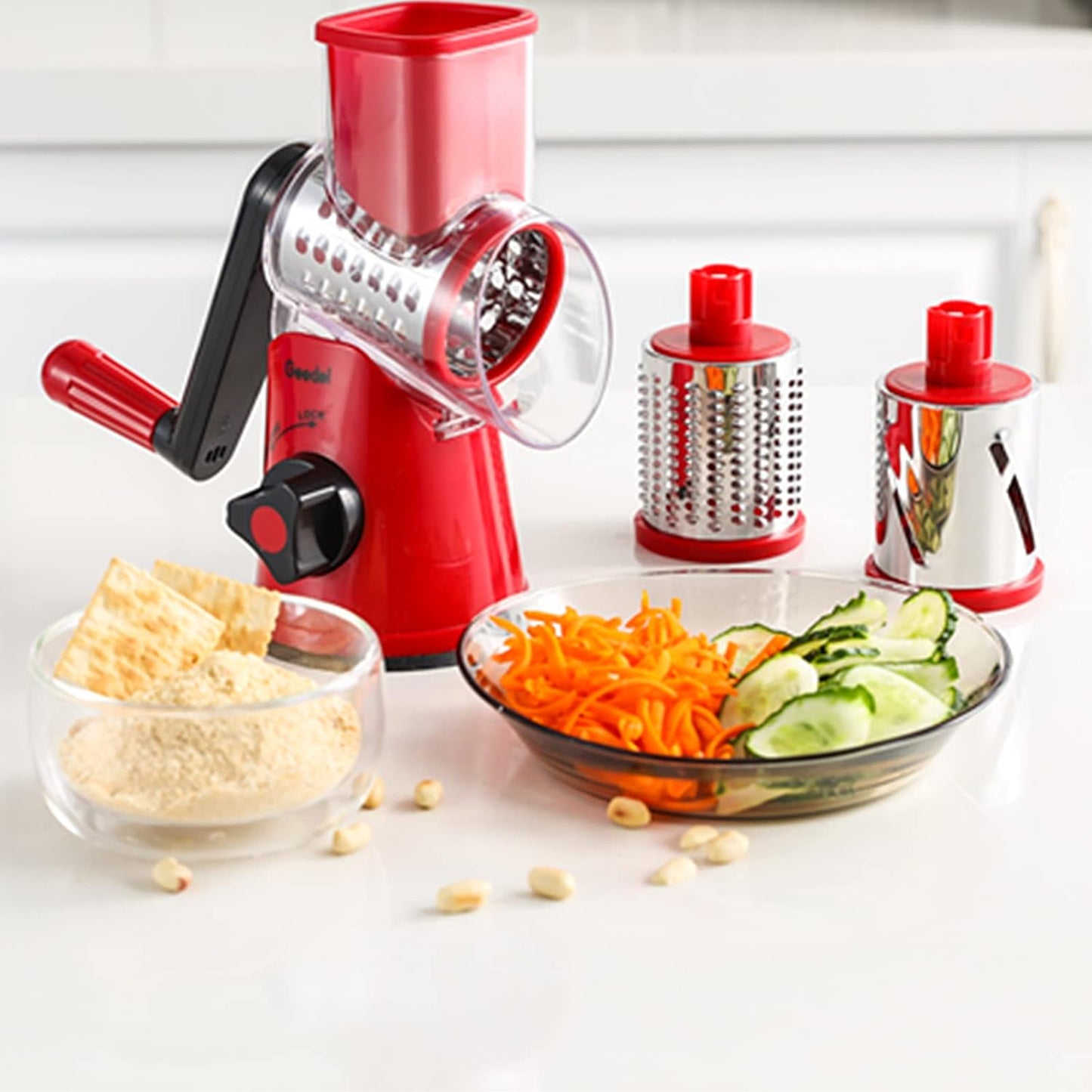 Geedel Kitchen Cheese Grater, Rotary Mandoline Vegetable Slicer with Interchangeable Blades, Easy to Use Rotary Grater Slicer for Fruit, Vegetables, Nuts