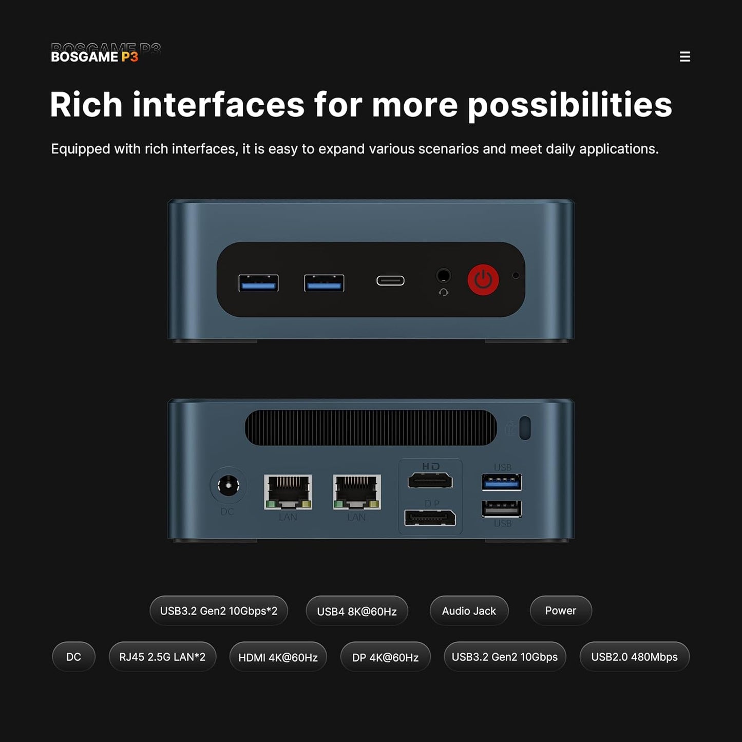 BOSGAME Mini PC P4, Desktop Computers Ryzen 7 5825U PC, Dual LAN Mini Gaming PC,16GB DDR4 RAM, 512GB NVMe SSD, 4K Triple Display, Wi-Fi 6E, Bluetooth 5.2