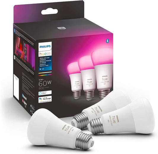 Philips Hue White and Colour Ambiance A19 E26 LED Smart Bulb, Bluetooth & Zigbee Compatible (Hue Hub Optional), Works with Alexa & Google Assistant A Certified for Humans Device (562785),3 Pack