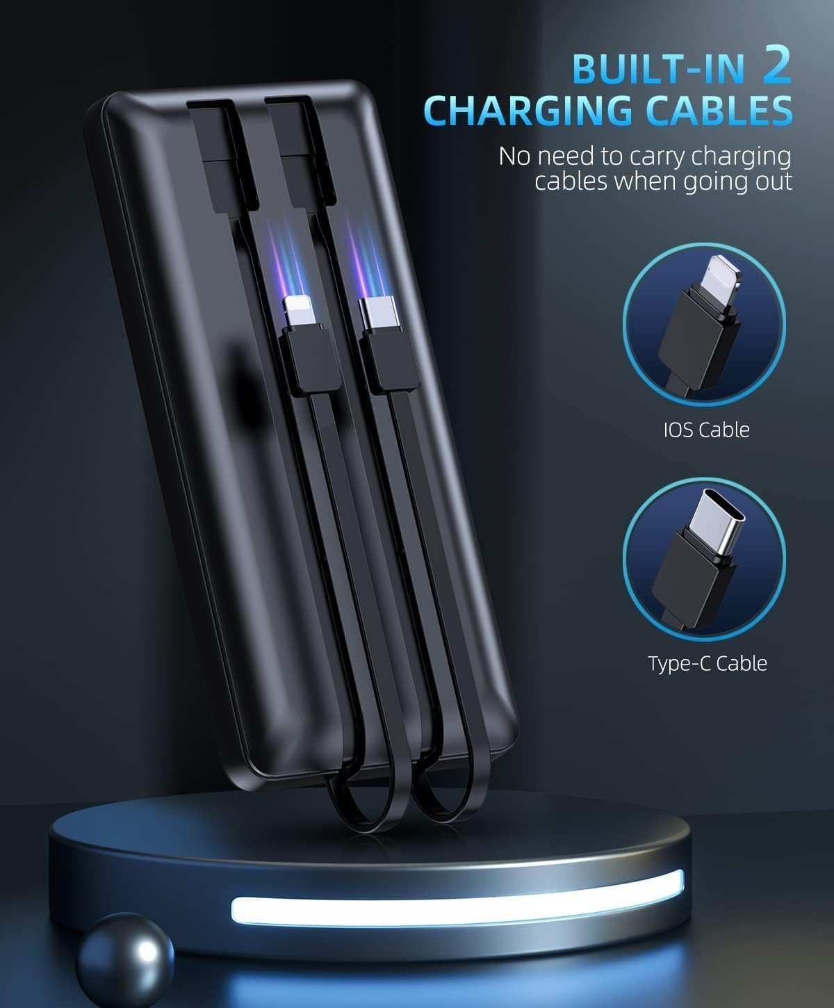 Power-Bank-Portable-Charger - 16000mAh Power Bank Support PD 30W and QC4.0 Fast Charging wiht Built-in 2 Output Cable and LED Display for iPhone and Android Phones and Most Electronic Devices