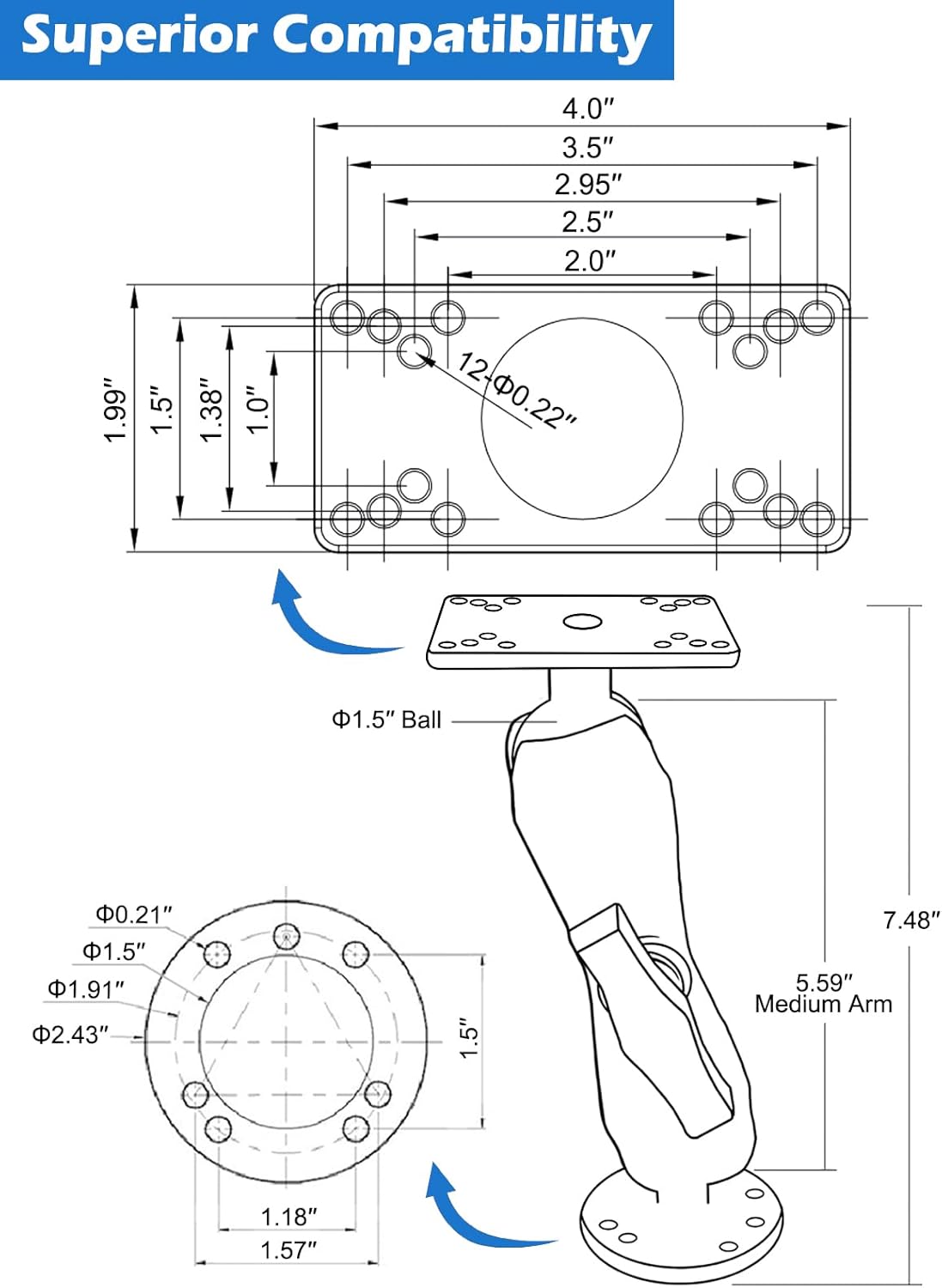 WINDFRD Aluminum 1.5" Ball Fish Finder Mount for Hummingbird Helix 5,7, etc., C Size Universal Marine Electronics Bracket, Compatible with RAM Mounts, Arkon, iBolt and More