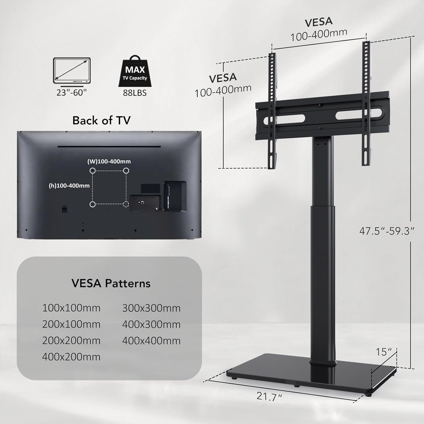 Universal Floor TV Stand with Mount 80 Degree Swivel Height Adjustable and Space Saving Design for Most 27 to 65 inch LCD, LED OLED TVs, Perfect for Corner & Bedroom AX1006TB