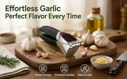Garlic Press Set, Heavy Duty Zinc Alloy Garlic Crusher & Mincer – Ergonomic Non-Slip Handle, Easy Clean with Peeler & Brush, Professional Kitchen Tool for Garlic, Ginger & Herbs