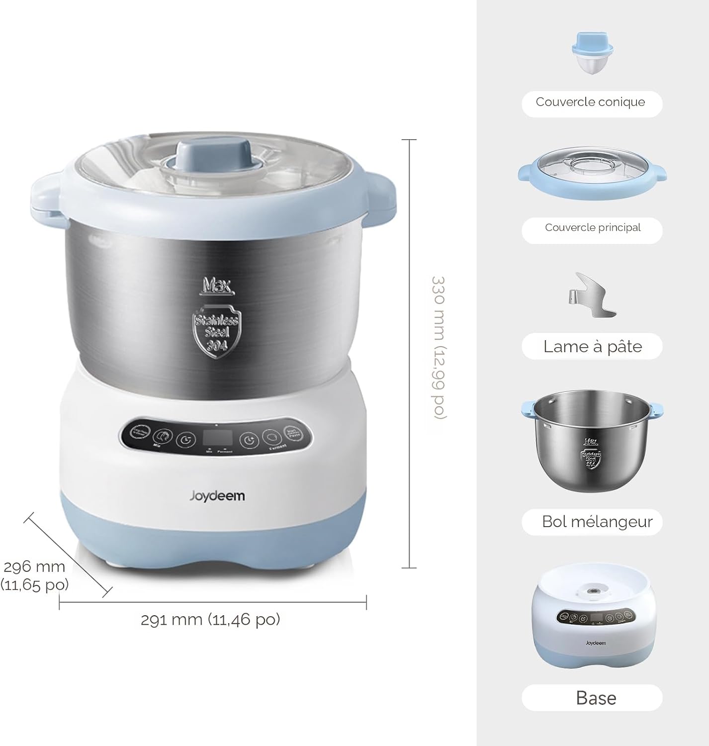 Joydeem JD-HMJ7L Machine à pâte électrique avec fonction de fermentation, minuterie pour micro-ordinateur, panneau tactile face vers le haut, 6,6 l, acier inoxydable 304