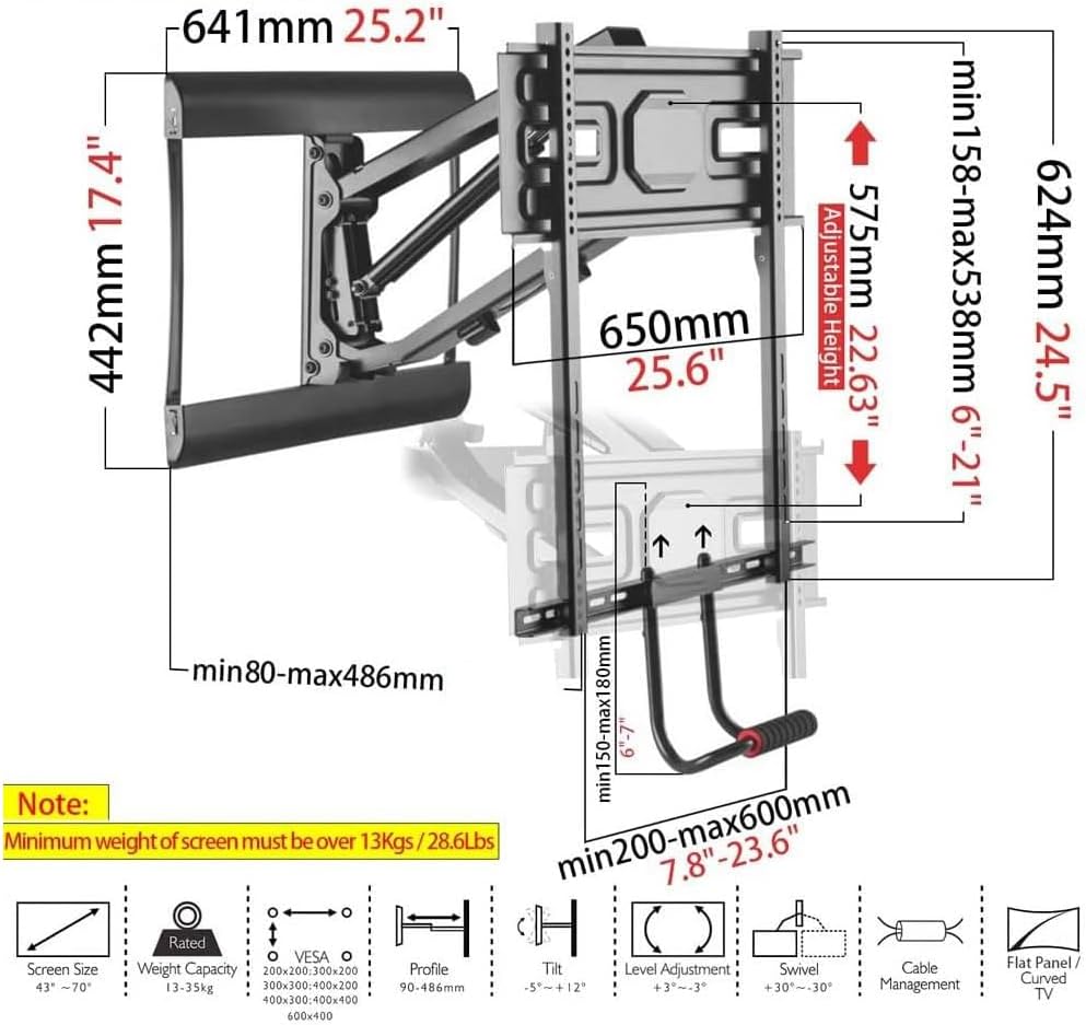 PrimeCables Pull-Down Full-Motion TV Wall Mount for 43-70 Inch TVs Fireplace Above 77Lbs Capacity Swivel/Tilt/Height Adjustment | Fits VESA 200x200-600x400