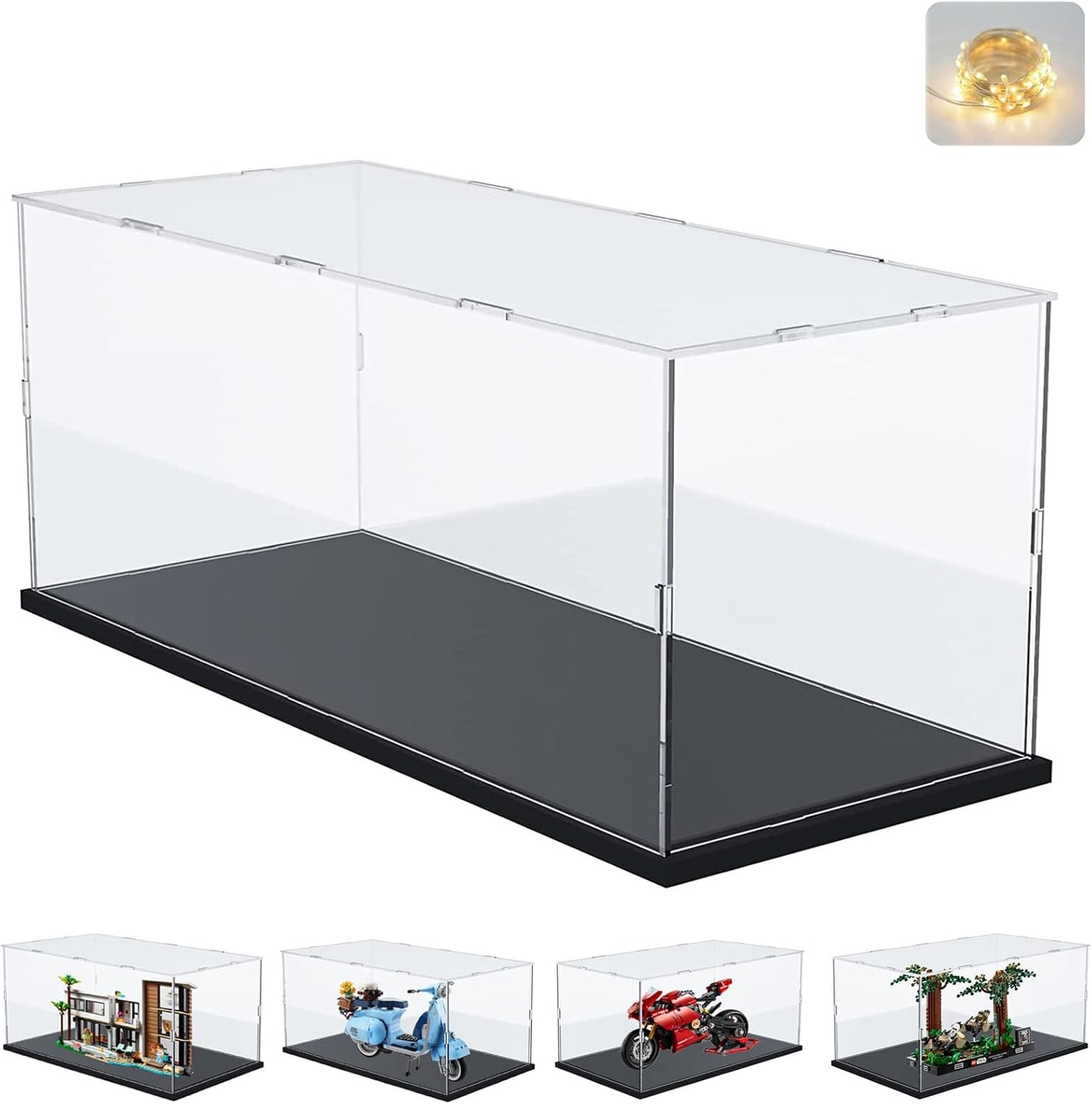 Thickened Clear Acrylic Display Case for Lego 10330 43268 76450 42170 10295 10353 Collectibles, Transparent Box Dustproof Protection with Wood-Plastic Base & String Light, Black Inside 40x20x20cm
