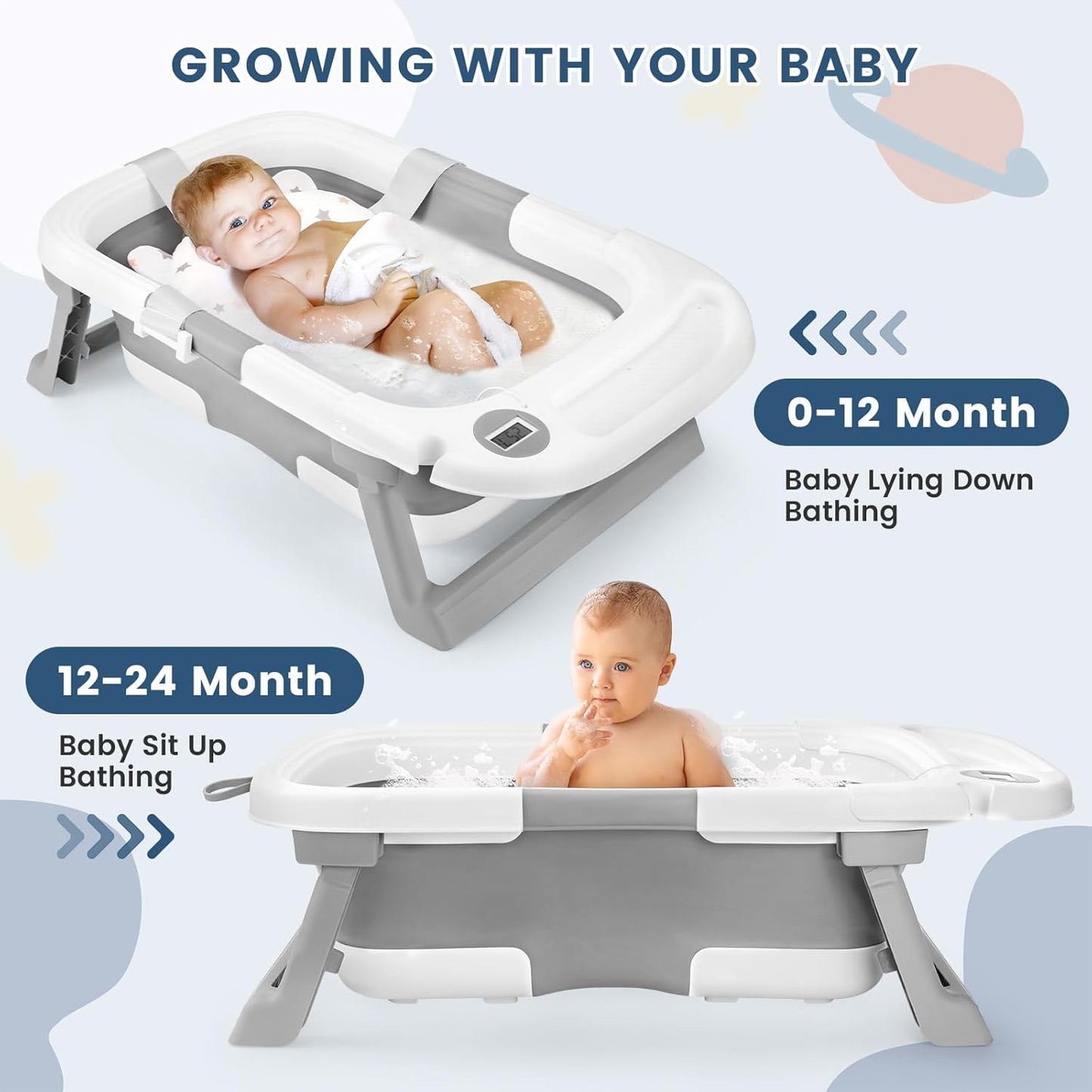 Baby Bathtub, Newborns Bath Essentials, Portable Bath tub For Infant 0-24 Months,Baby Shower Gifts With Soft Cushion,Temperature Sensor and Tray