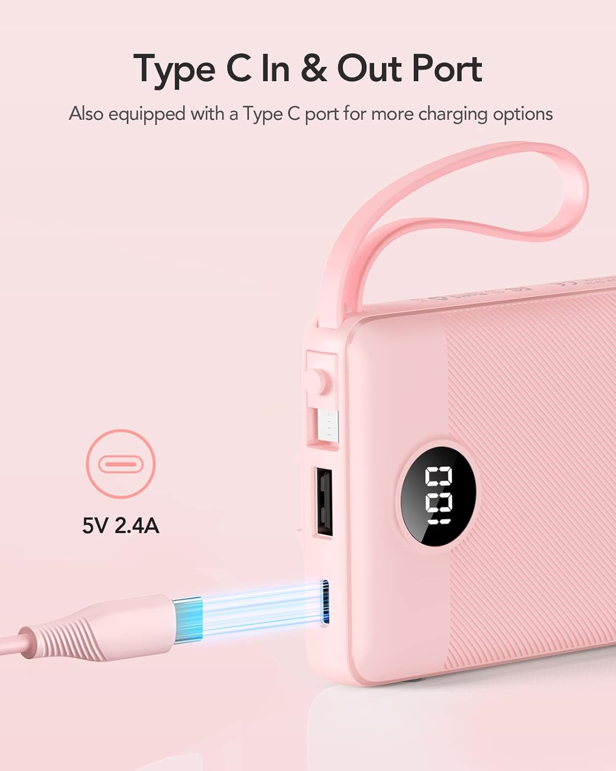 VRURC 10000mAh Power Bank Built-in Cables, Portable Charger with LED Display, Slim Intelligent Travel Battery Pack with Cords, 5 Output Dual Input Phone Charger for Cell Phone Smart Devcies-Blue
