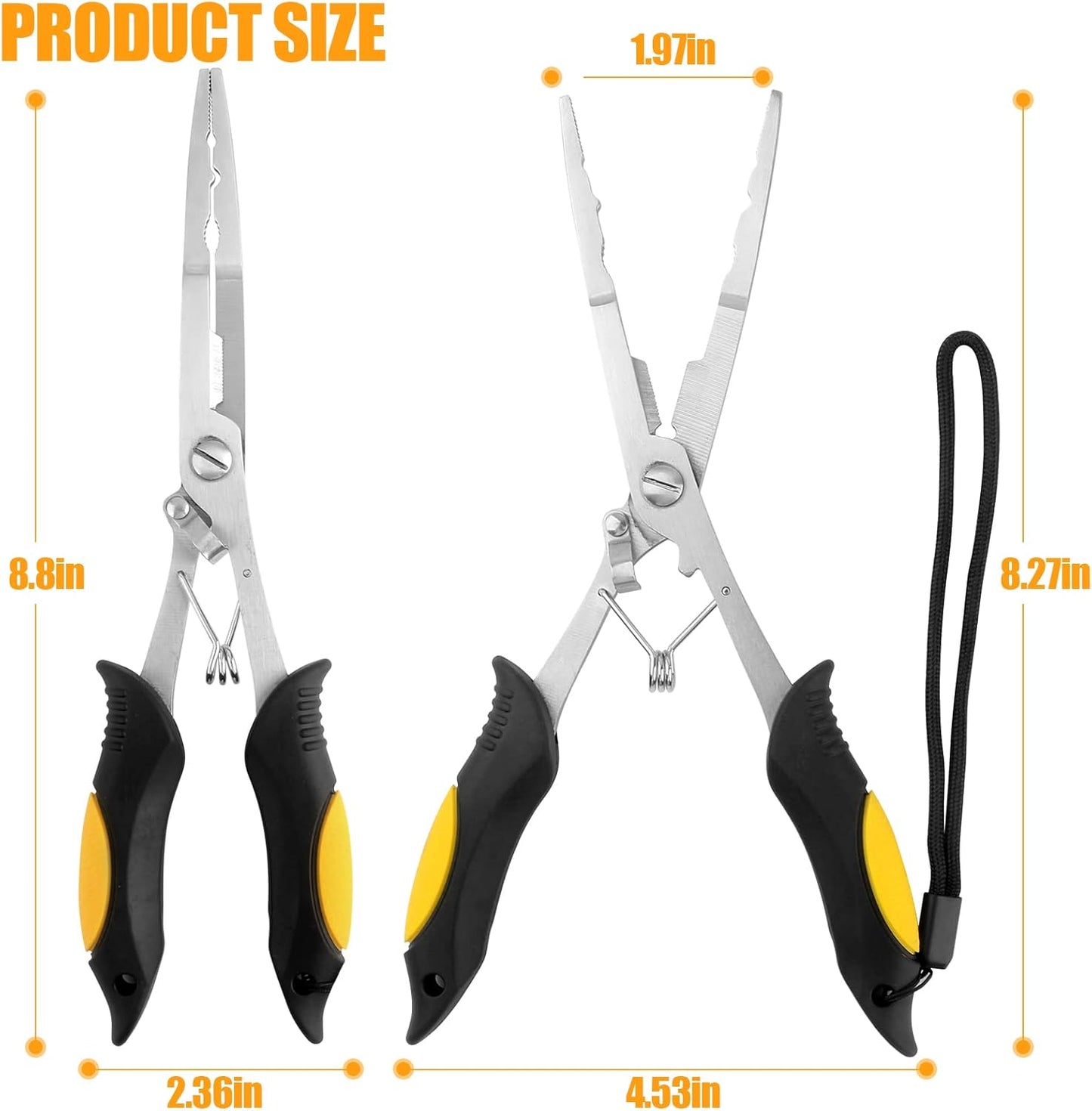 Fishing Pliers Stainless Steel Hook Remover Braid Cutter Rustproof Saltwater Split Ring Pliers Fishing Multi-Tools with Sheath and Lanyard