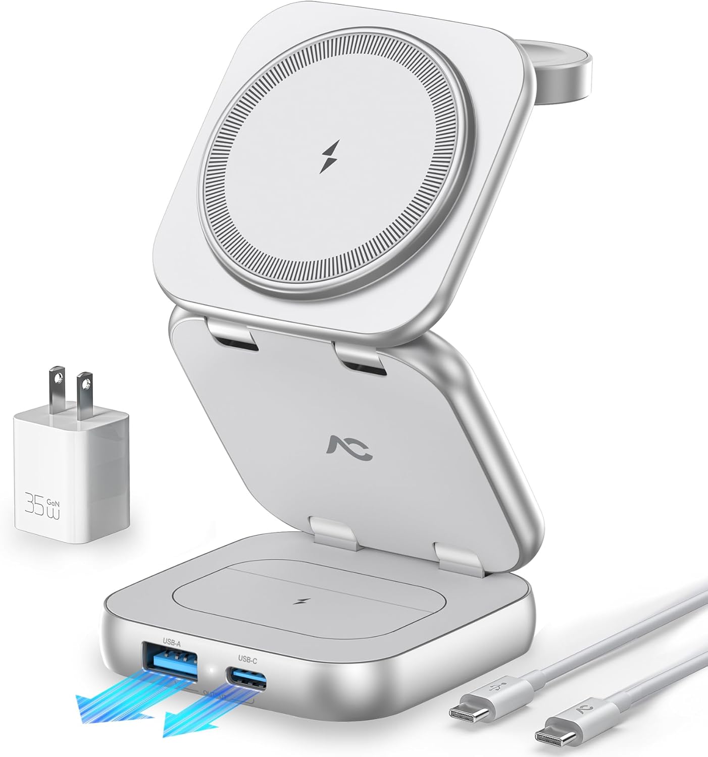 5-in-1 Wireless Charger for Magsafe, AC ISLAND Aluminum Travel Charging Station for Apple, 15W Snap Magnetic Multi Charging Stand Dock for iPhone 16/15/14/13 Apple Watch AirPods (with 35W GaN Adapter)