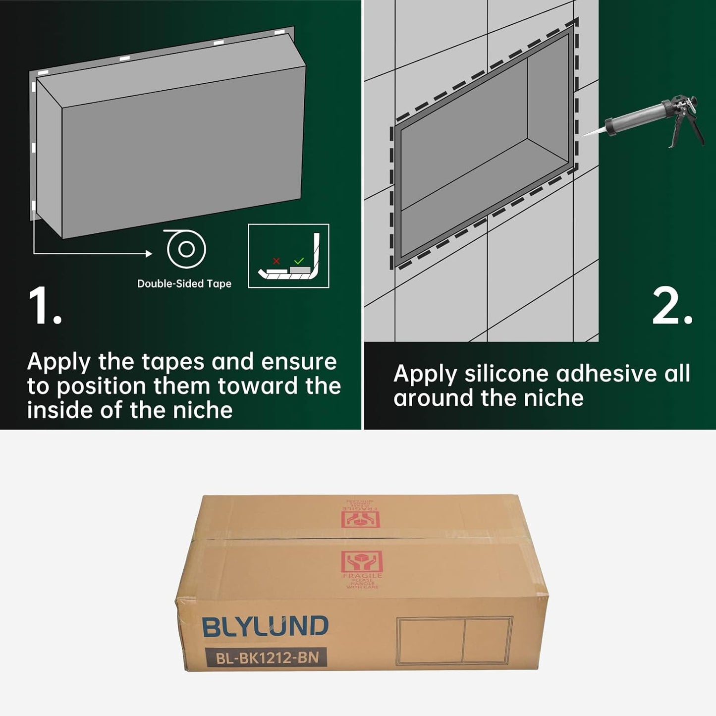 BLYLUND Shower Niche 12" x 24" NO Tile Needed,Matte Black Double Shelf Organizer, Square Corners Wall-Inserted Niche Recessed Shower Shelf Modern Soap Niche for Bathroom