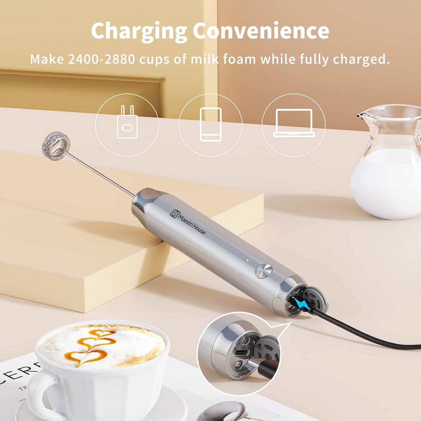 Maestri House Rechargeable Milk Frother, Handheld Electric Foam Maker Waterproof Detachable Stainless Steel Whisk Drink Mixer Foamer with Stand,LunaFro
