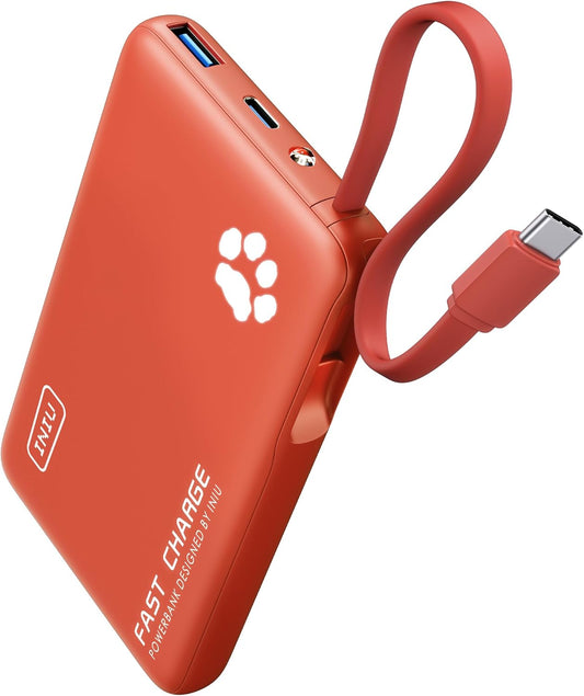 INIU Portable Charger, Mini 10000mAh Power Bank with Build in USB-C Cable, 20W Fast Charging Powerbank with Cords Wires, Cruise Ship Travel Essentials Battery Pack for College Student Traveler, Orange