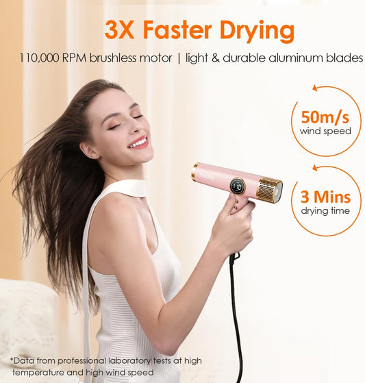 Faszin Hair Dryer, Lightweight Blow Dryer with 110,000 RPM High-Speed for Fast Drying, 200 Million Ionic Hairdryer with Auto-Clean, Low Noise, 3 Magnetic Nozzles for Travel, Salon, Home - Pink - PuriLite