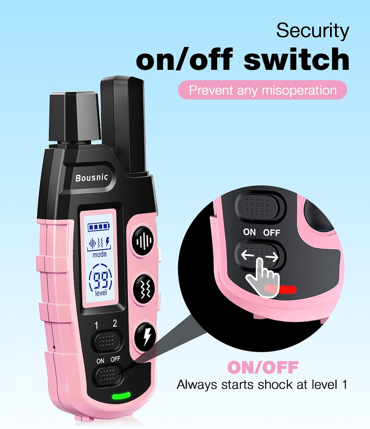 Bousnic Dog Shock Collar - 3300Ft Dog Training Collar with Remote for 5-120lbs Small Medium Large Dogs Rechargeable Waterproof e Collar with Beep (1-8), Vibration(1-16), Safe Shock(1-99) Modes (Blue)