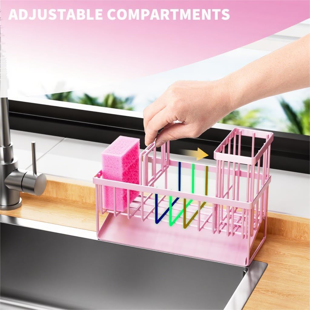 Cisily Kitchen Sink Caddy Organzier with High Brush Holder, Sponge Holder for Sink, 304 Rustproof Stainless, Kitchen Countertop Soap Dispenser Organizer, Kitchen Decor and Accessories (Black)