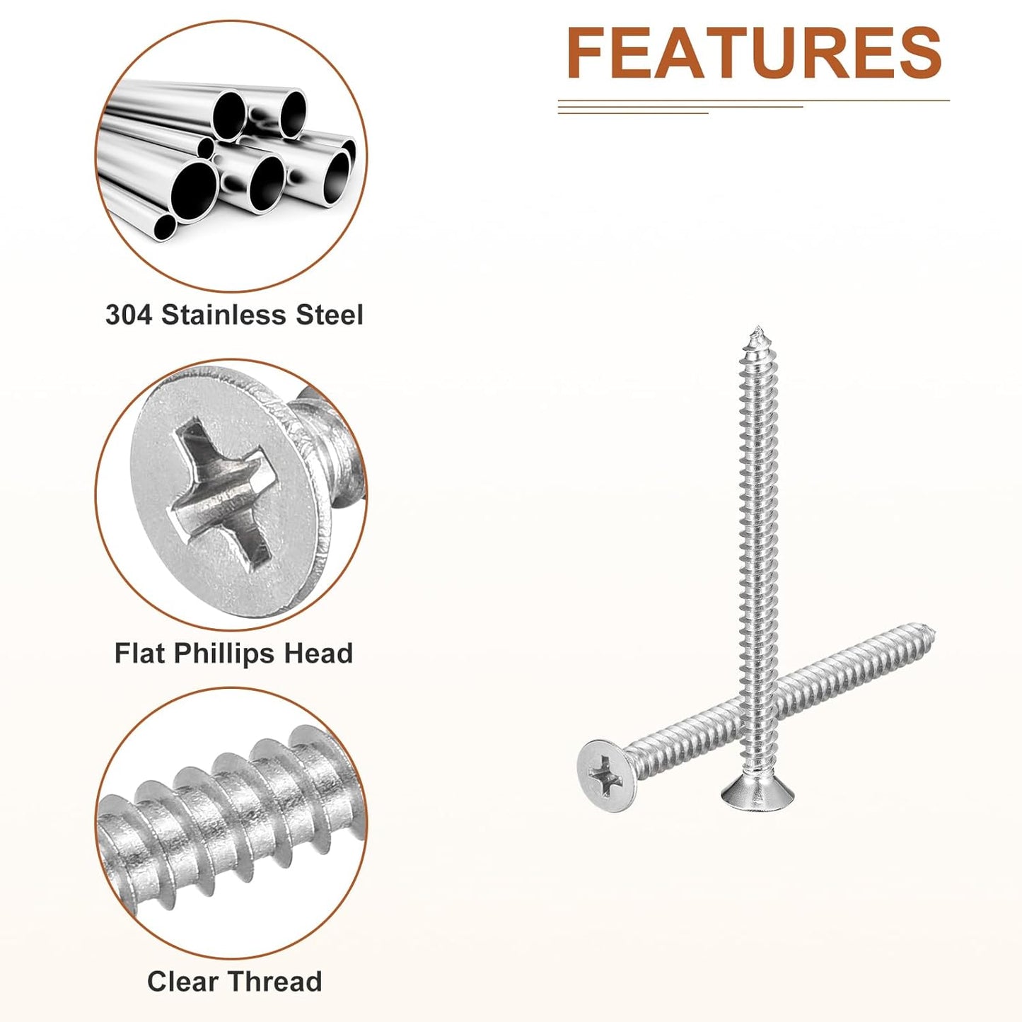 DTGN 100Pcs #8x1 Flat Head Wood Screws, 304 Stainless Steel Phillips Self Tapping Screws - Good for Woodworking, Furniture - Silver