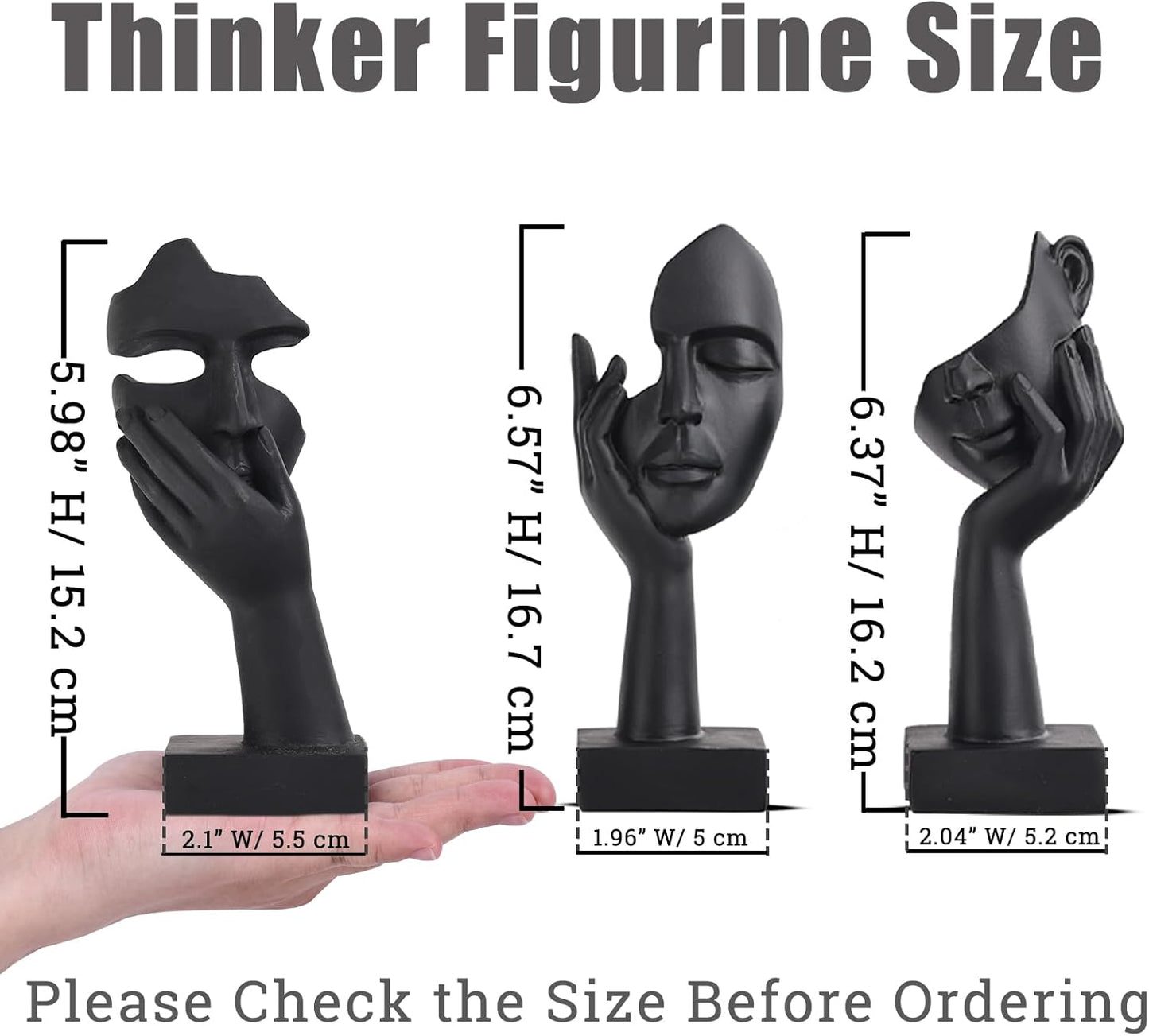 oliruim 3 Pcs Thinker Small Statue Set - Black Art Abstract Home Accent Figurines for Decor Woman Apartment Bookshelf Floating Shelf Coffee Table Office Desk Bathroom Counter Decor (3 Pcs Black)