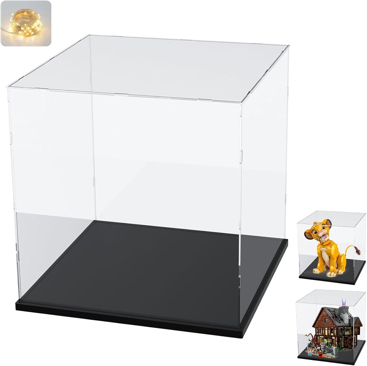 Thickened Clear Acrylic Display Case for Lego 10330 43268 76450 42170 10295 10353 Collectibles, Transparent Box Dustproof Protection with Wood-Plastic Base & String Light, Black Inside 40x20x20cm