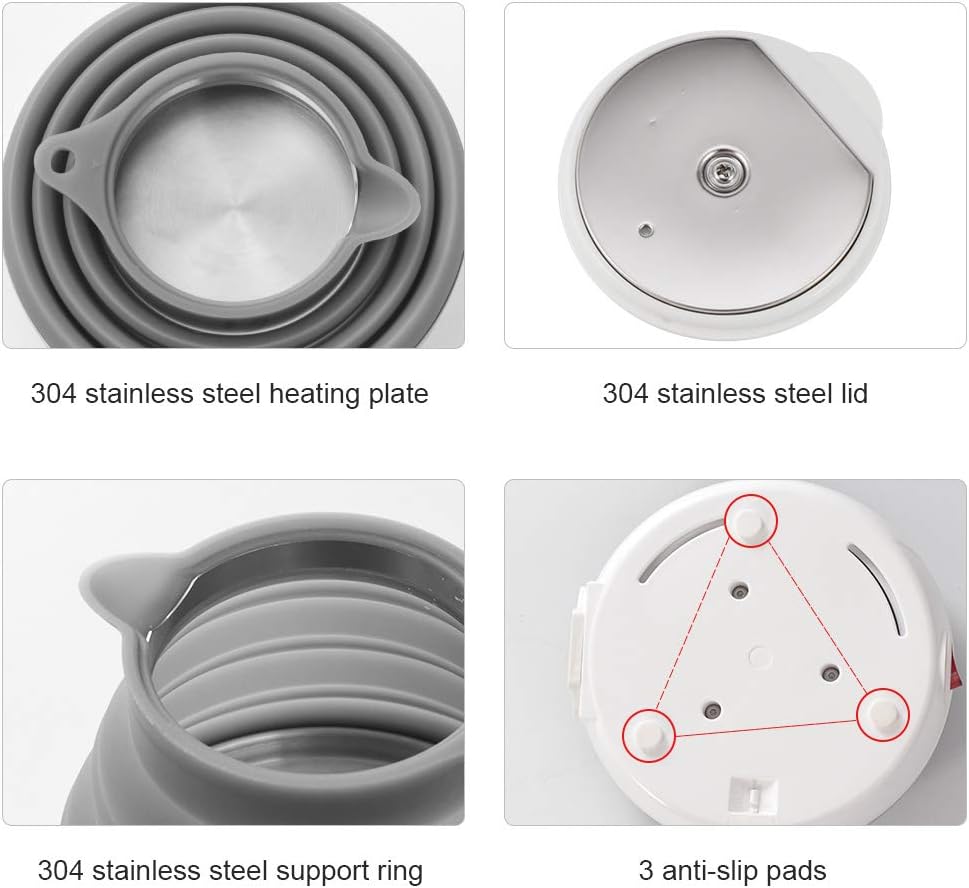 120V 555ML Ultrathin Travel Foldable Electric Kettle with Separable Power Cord and Handle, Boil Dry Protection, Food Grade Silicone