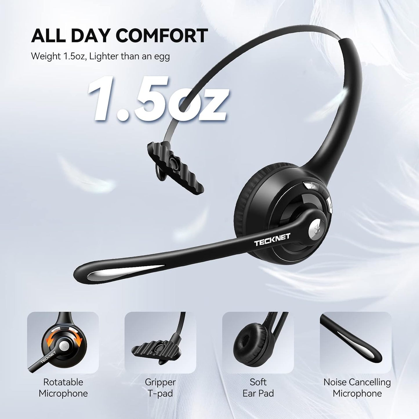 TECKNET Wireless Headset, Bluetooth Headphones with Noise Cancelling Microphone for Trucker, Hand Free Wireless Headset with Mute Mic for Cellphone/PC/Home/Office/Call Center