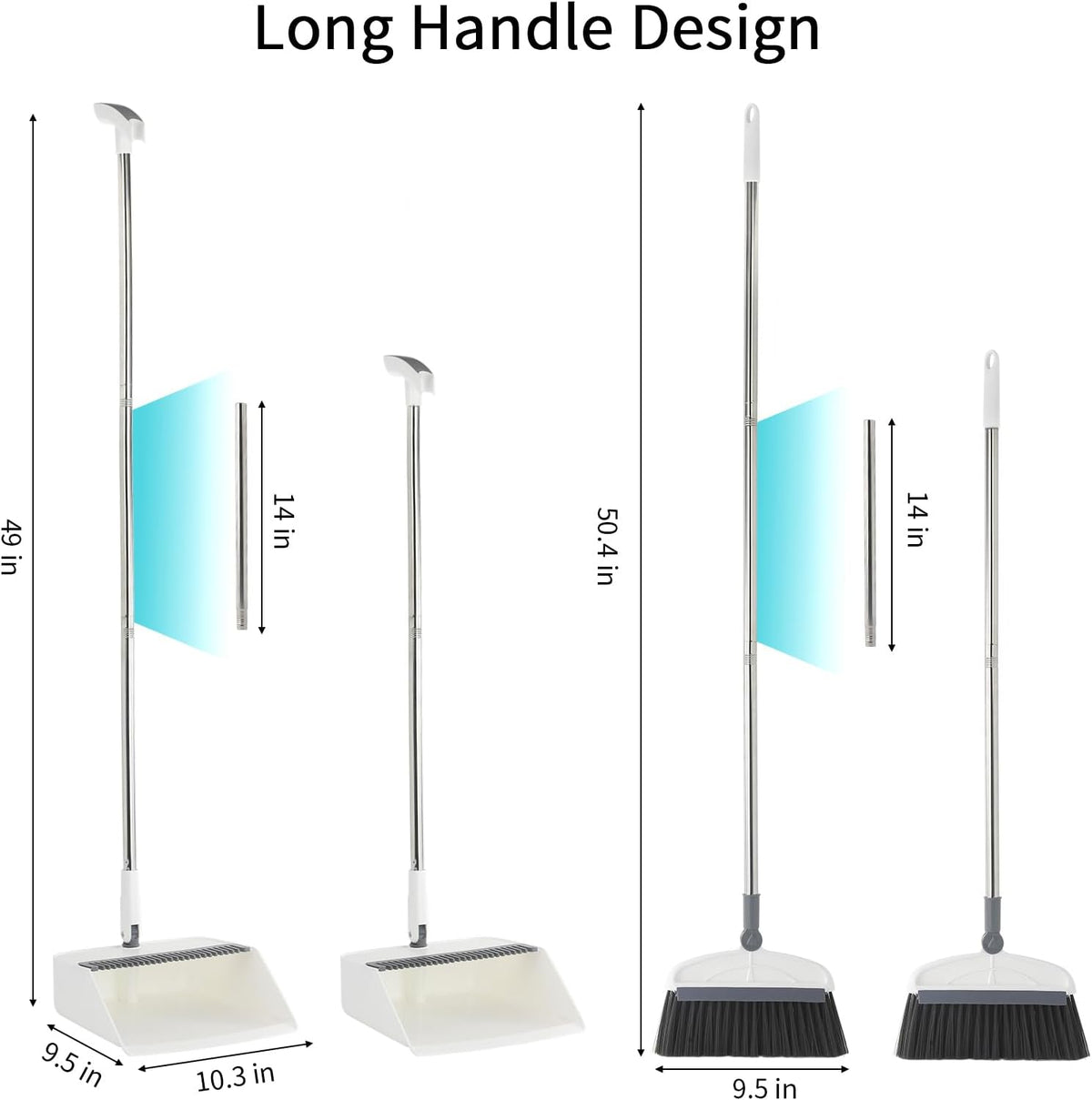 Broom with Dustpan Combo Set, 2 in 1 Broom and Dustpan Set with Long Handle, Upright 180° Rotating Broom with Brush and Lightwight Dust Pans for Home Kitchen Room Office Lobby Floor Cleaning,White
