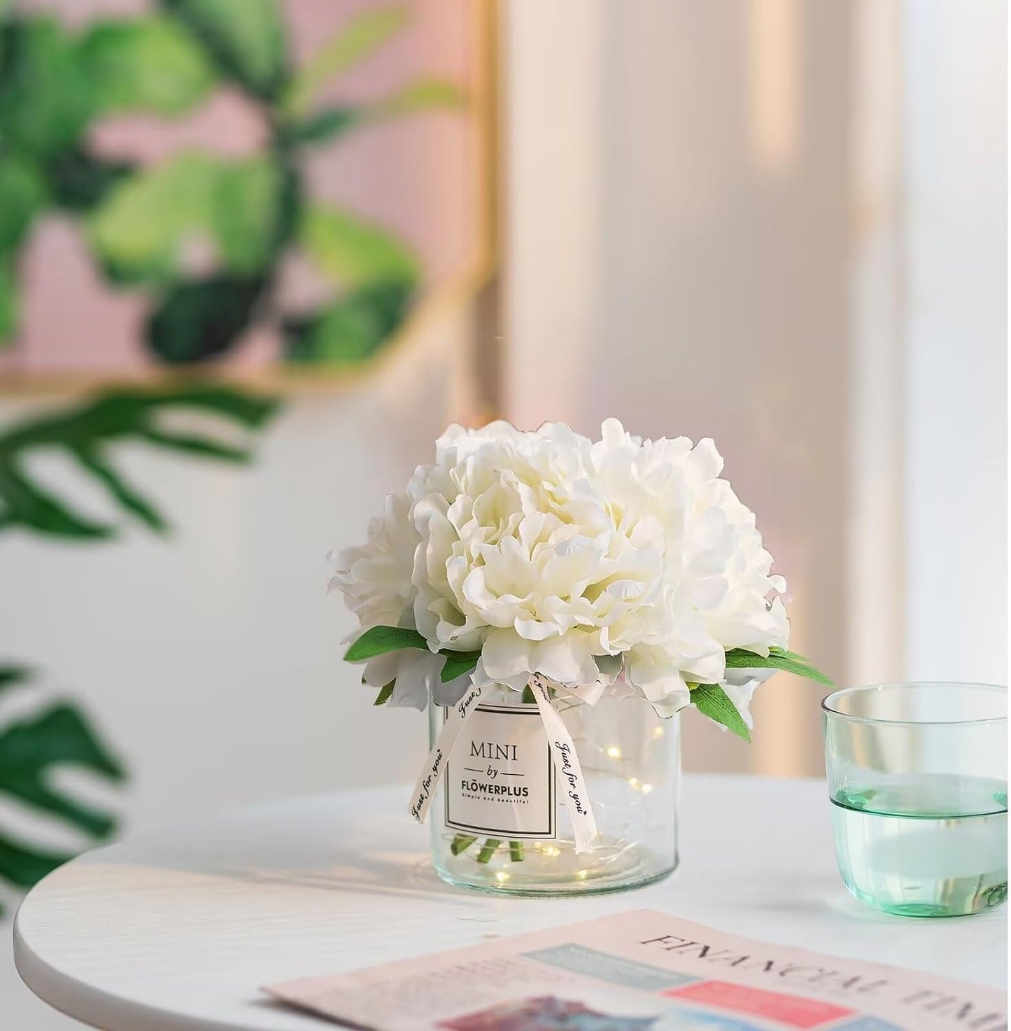 BLOSMON White Fake Flowers with Vase: Small Coffee Table Decor Bathroom Hydrangea Faux Flowers in Vase Office Desk Shelf Home Living Room Bedroom Vanity nightstand Decorations Floral Arrangement