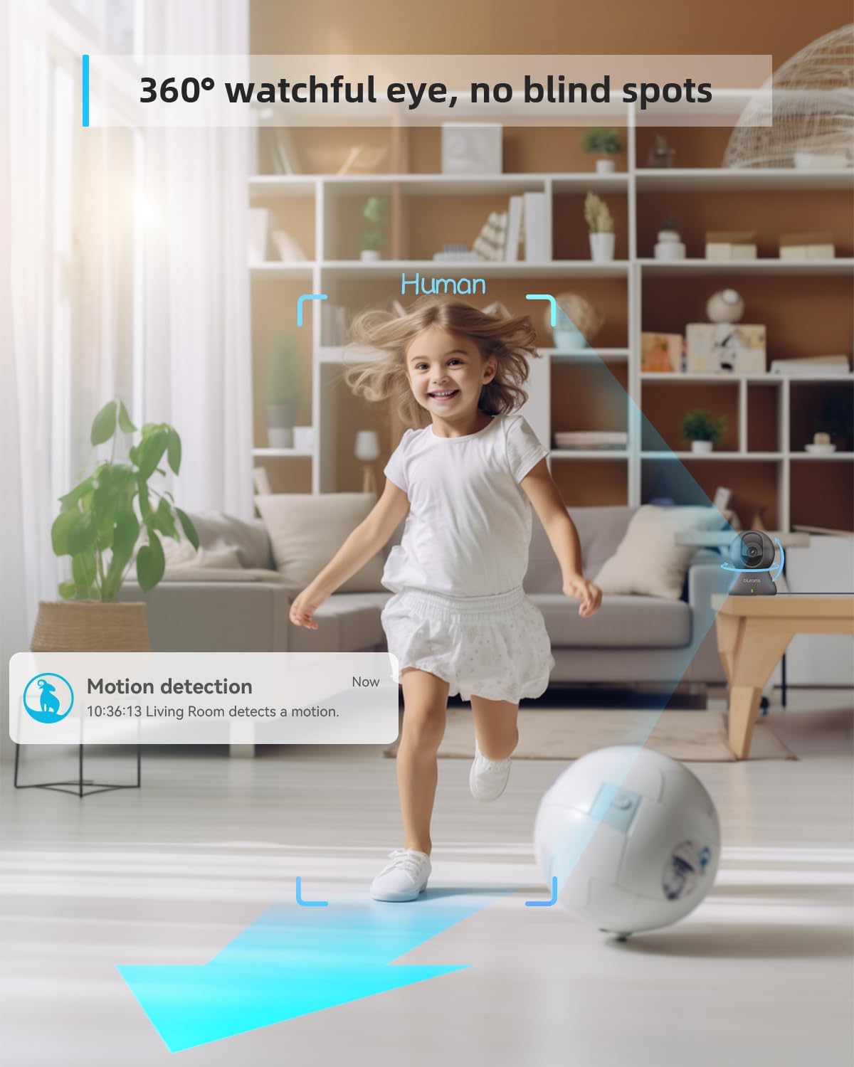 blurams Security Camera, 2K Indoor Camera 360-degree Pet Camera for Home Security w/ Motion Tracking, Phone App, 2-Way Audio, IR Night Vision, Siren, Works with Alexa & Google Assistant,White