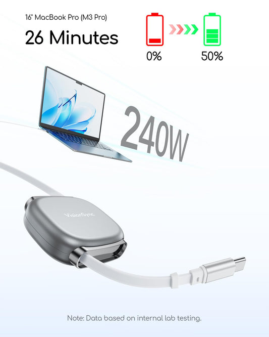 240W Retractable USB C Cable for Phones,3.3FT,2Pack,Grey PD3.1 USB C to USB C Cable with Magnetic Slot for Travel,Car,4 Preset Length,Super Fast Charging