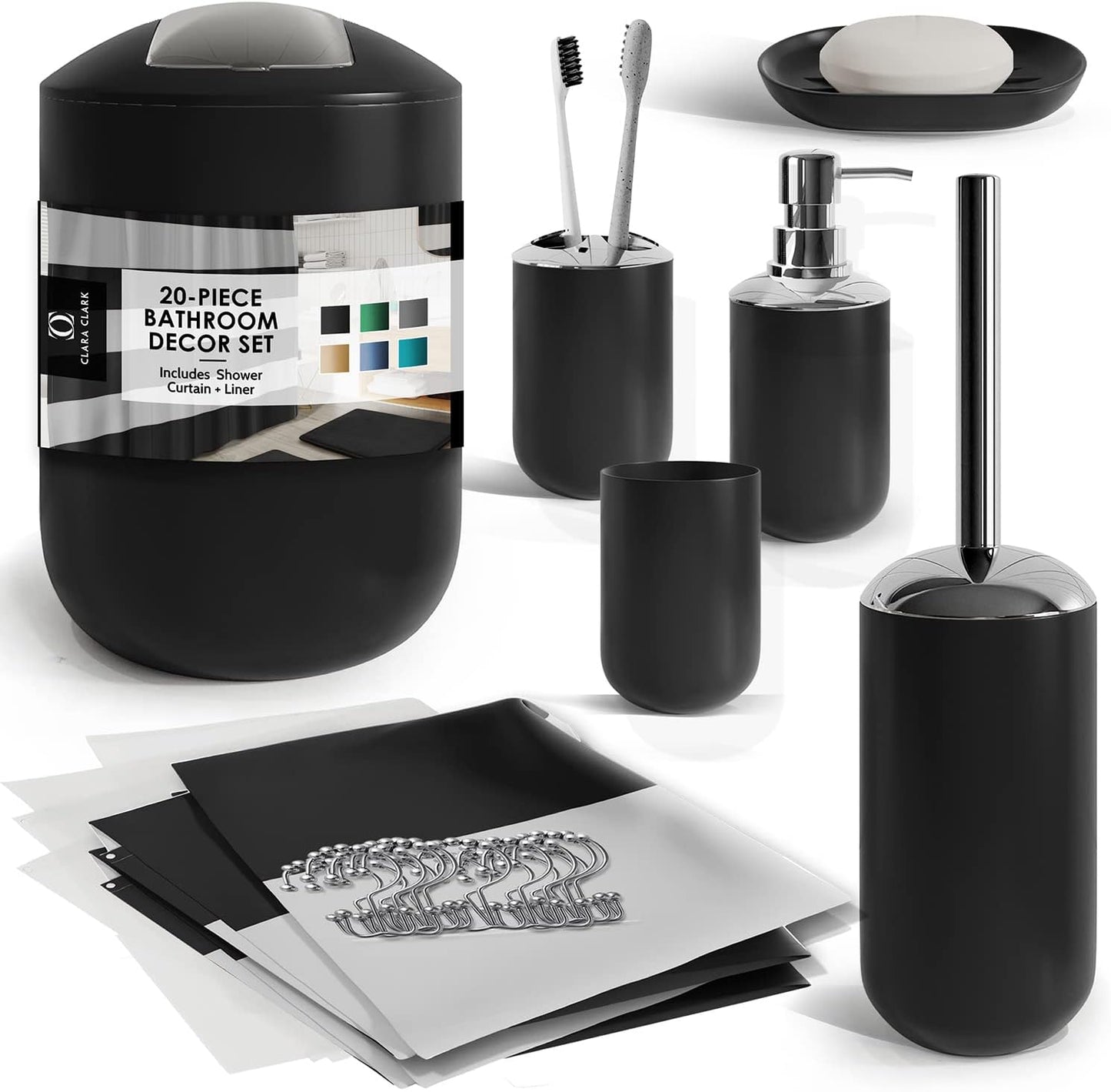 Clara Clark Bathroom Set - Gray Bathroom Accessories Set, Bathroom Sets with Shower Curtain and Rugs, 23PC Shower Curtain Set with Liner, Soap Dispenser, Soap Dish, Toilet Brush Holder, and Trash Can