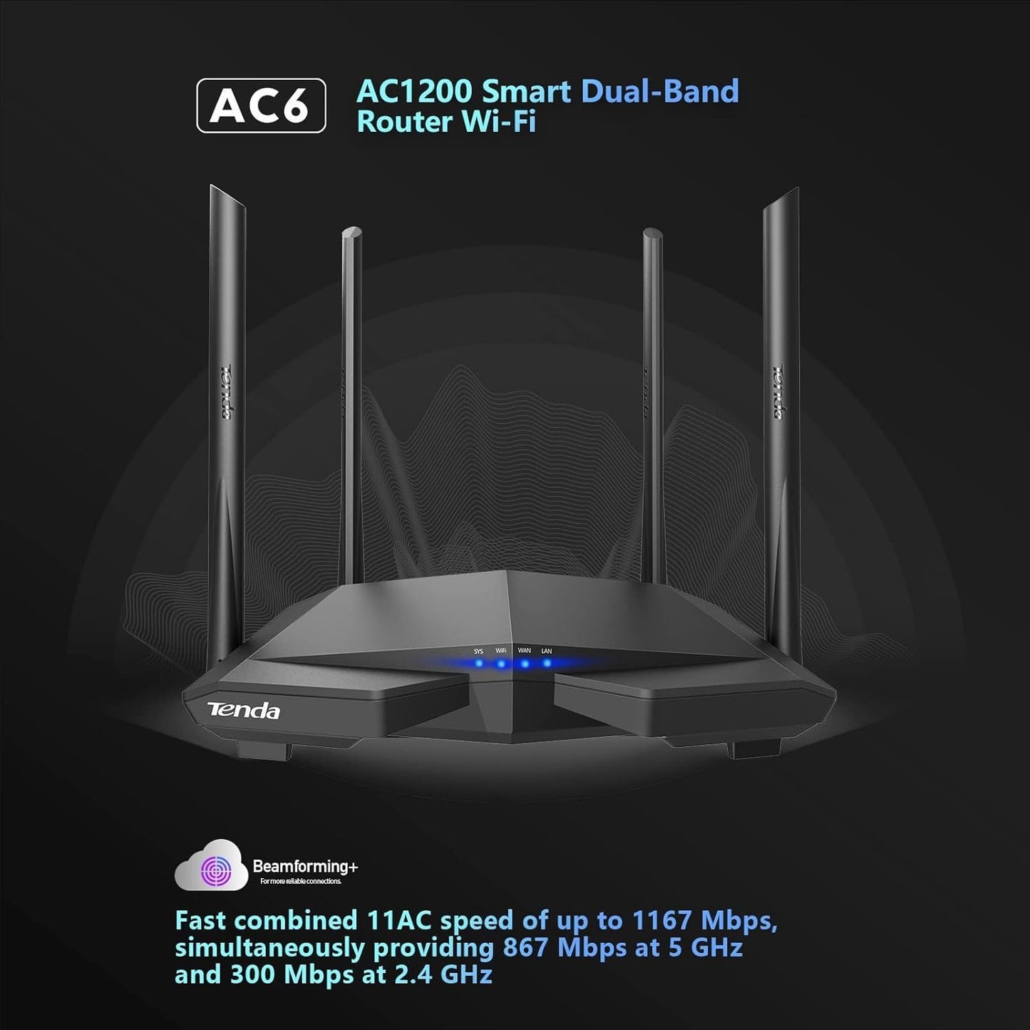 Tenda AC1200 WiFi Router, Dual Band Wireless Router 4 x 100 Mbps Ethernet Ports, Supports APP, Guest WiFi, Access Point Mode, IPv6, Parental Control(AC6)