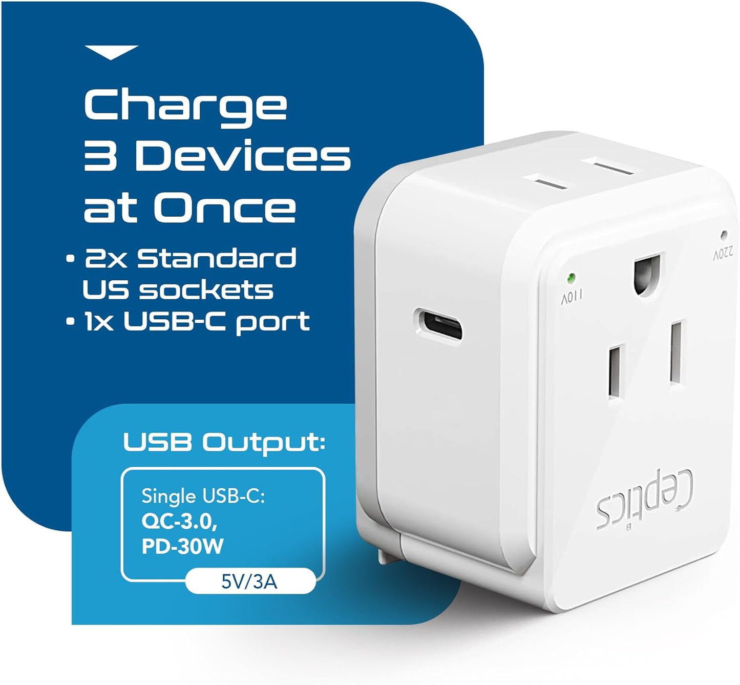 Ceptics Universal Travel Adapter kit, Dual USB (QC 3.0) + 2 US outlets + USB-C Cable, Use with Chargers, Cell Phones, Laptops, 6 Plug attachments for Worldwide use (Does Not Convert Voltage) (WPS-2B)