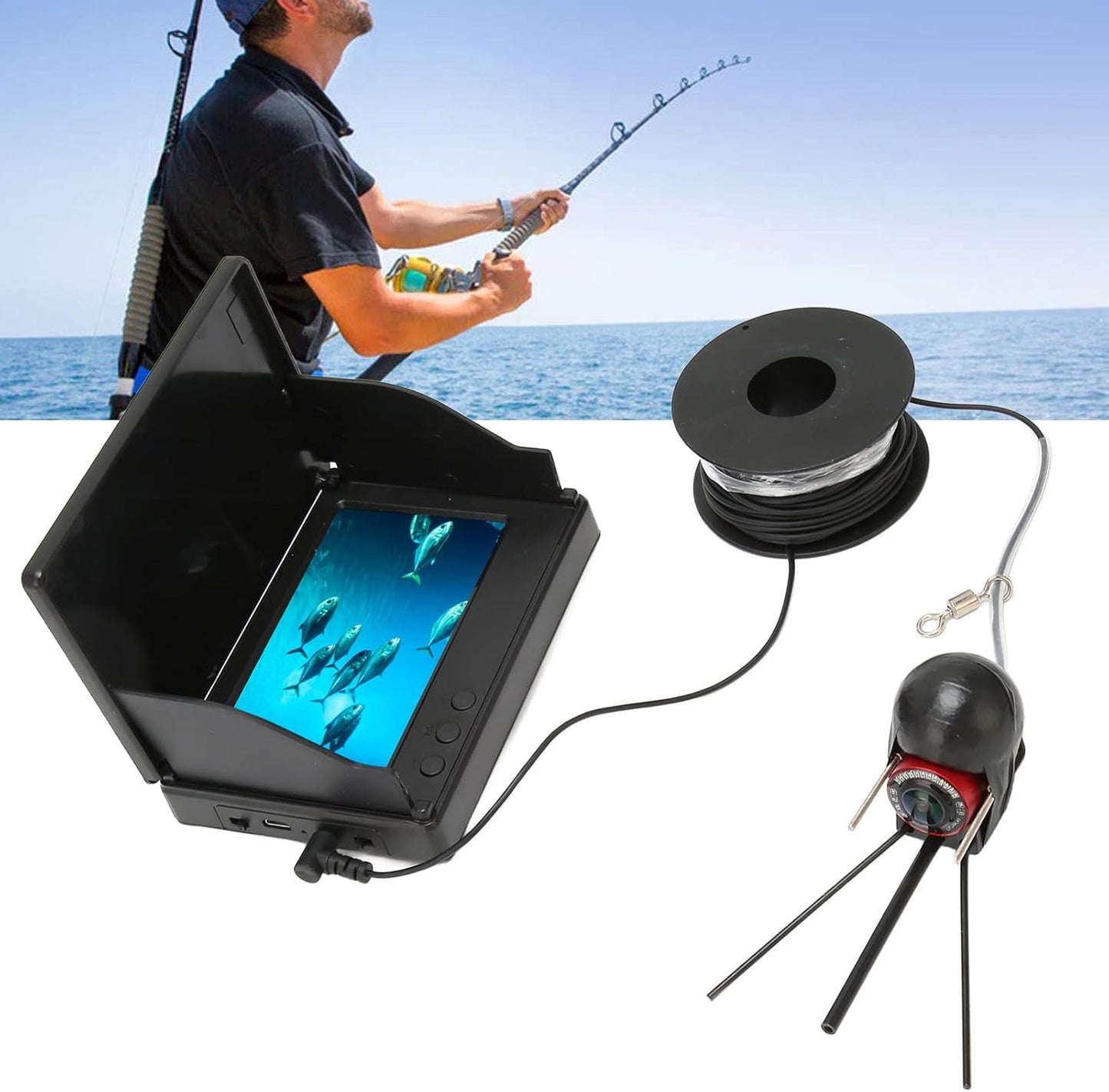 Underwater Fishing Camera, Portable Fish Finder Waterproof Camera 1000TVL Underwater Camera with 12 IR LED Lights, 4.3 Inch LCD Monitor, for Lake Sea Boat Kayak Ice Fishing (30m / 32.8yd US Plug)