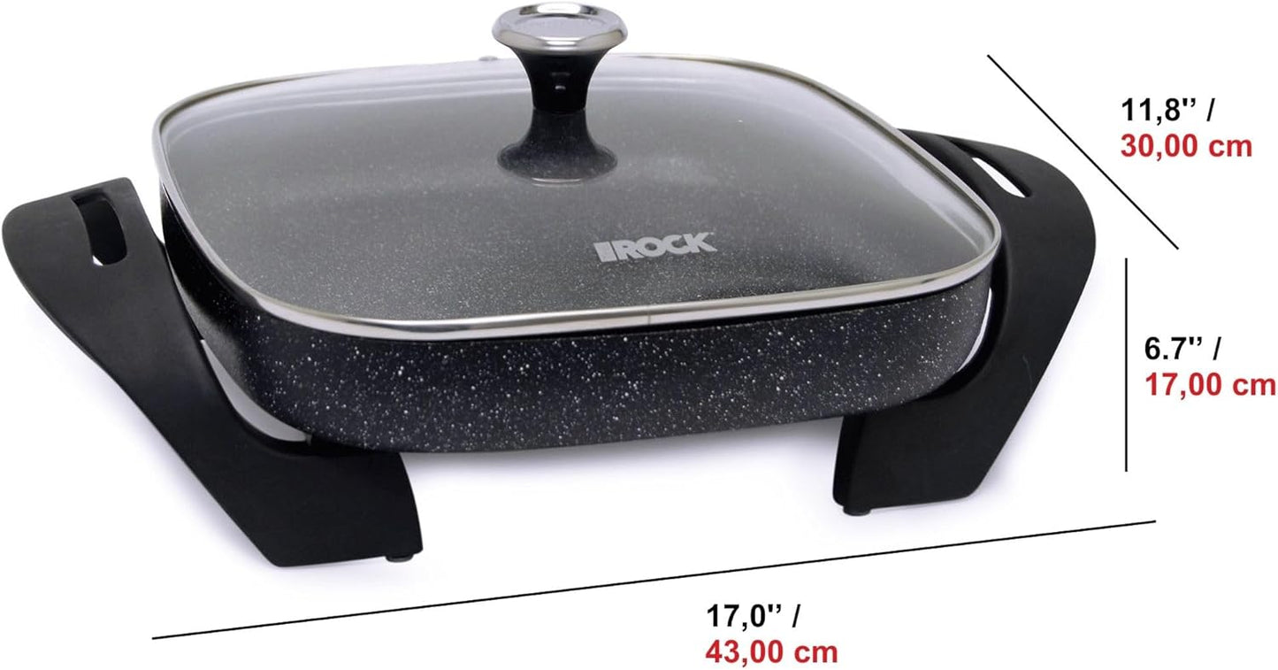 Starfrit The Rock Electric Skillet - 12" x 12" - Rock.Tec Non-Stick Cooking Surface - Tempered Glass Lid - 1200W