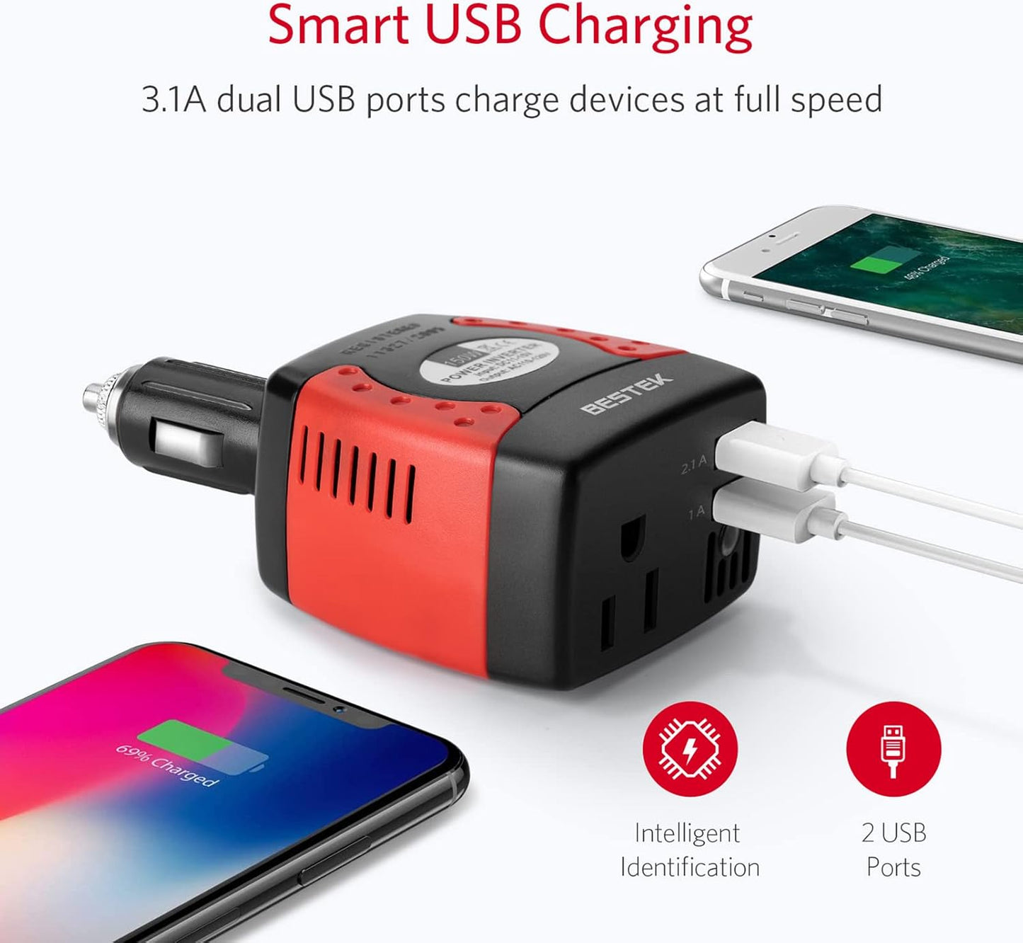 BESTEK 150W Power Inverter 12V to 110V Voltage Converter Car Charger Power Adapter with 3.1A Dual USB Charging Ports