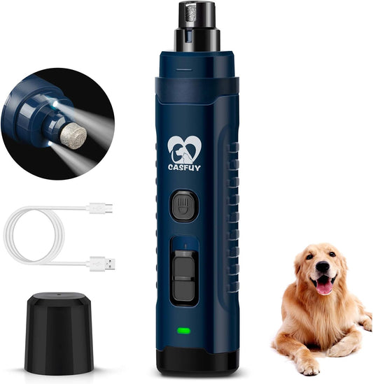 Casfuy Dog Nail Grinder with 2 LED Light for Large Medium Dogs - 3X More Powerful 2-Speed Electric Pet Nail Trimmer Rechargeable Quiet Painless Paws Grooming & Smoothing Tool - PuriLite
