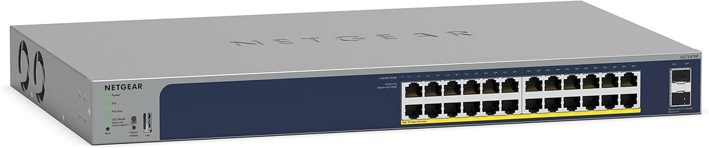 NETGEAR 26-Port PoE Gigabit Ethernet Smart Switch (GS724TP) - Managed, 24 x 1G, 24 x PoE+ @ 190W, 2 x 1G SFP, Optional Insight Cloud Management, Desktop or Rackmount, and Limited Lifetime Protection