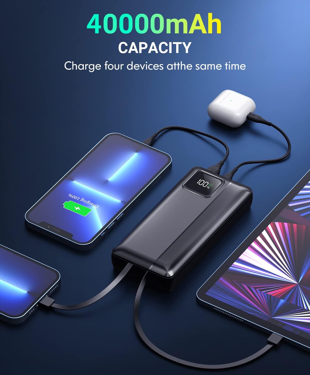 Power-Bank-Portable-Charger - 40000mAh Power Bank Support PD 30W and QC4.0 Fast Charging wiht Built-in 2 Output Cable and LED Display for iPhone and Android Phones and Most Electronic Devices