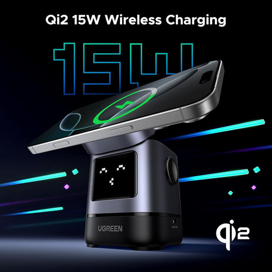 UGREEN Uno Qi2 Certified 15W Wireless Charger Stand, 2 in 1 Fast Charge Charging Station Compatible with Magsafe Charger Stand for iPhone 16, 15, 14 Series, AirPods 2/3/Pro (No AC Adapter) - PuriLite