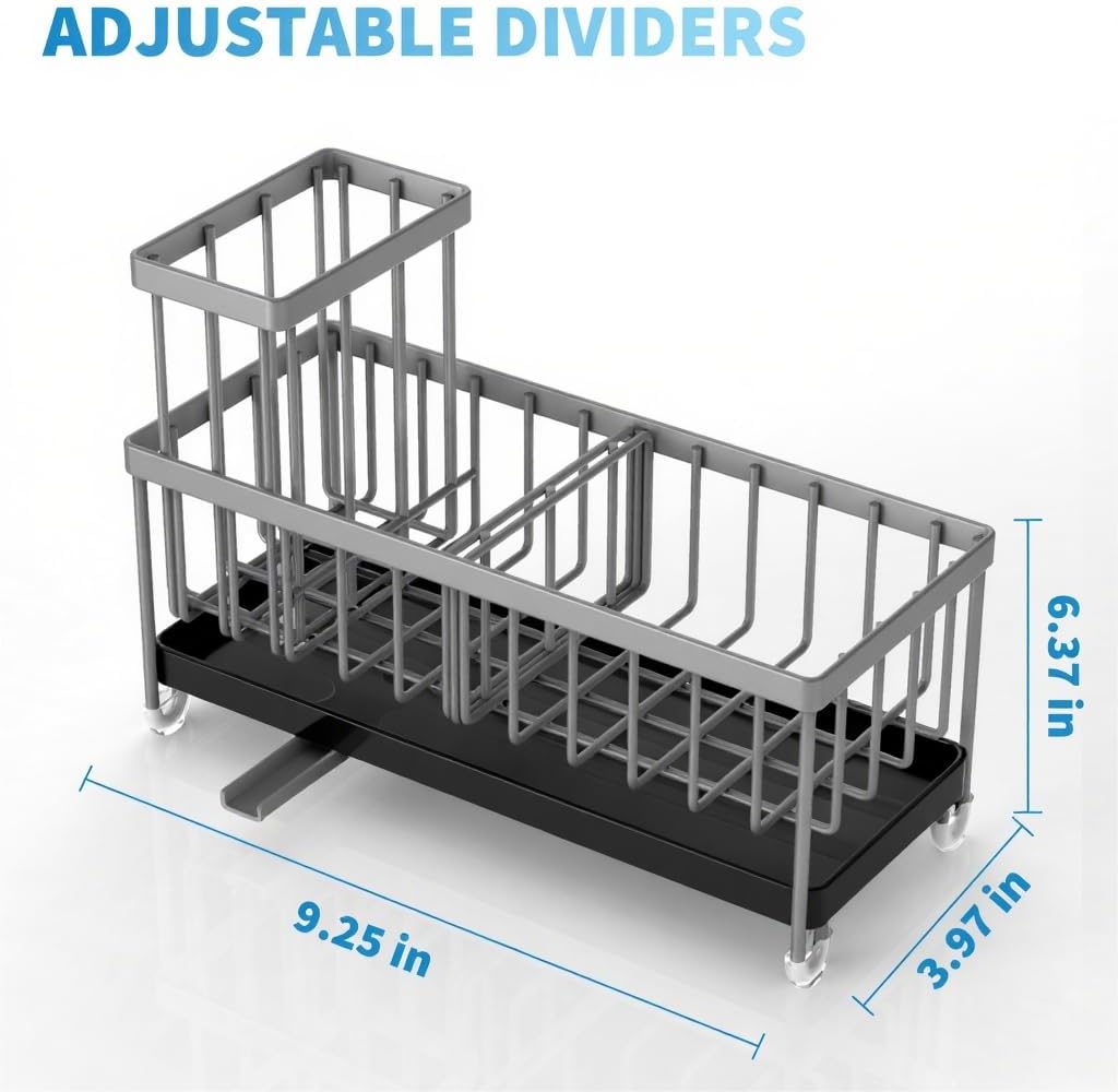 Cisily Sponge Holder for Kitchen Sink, Sink Caddy with High Brush Holder, Organzier Rustproof 304 Stainless Steel Dish Organizer Divider, Soap Dispenser Storage (Black)