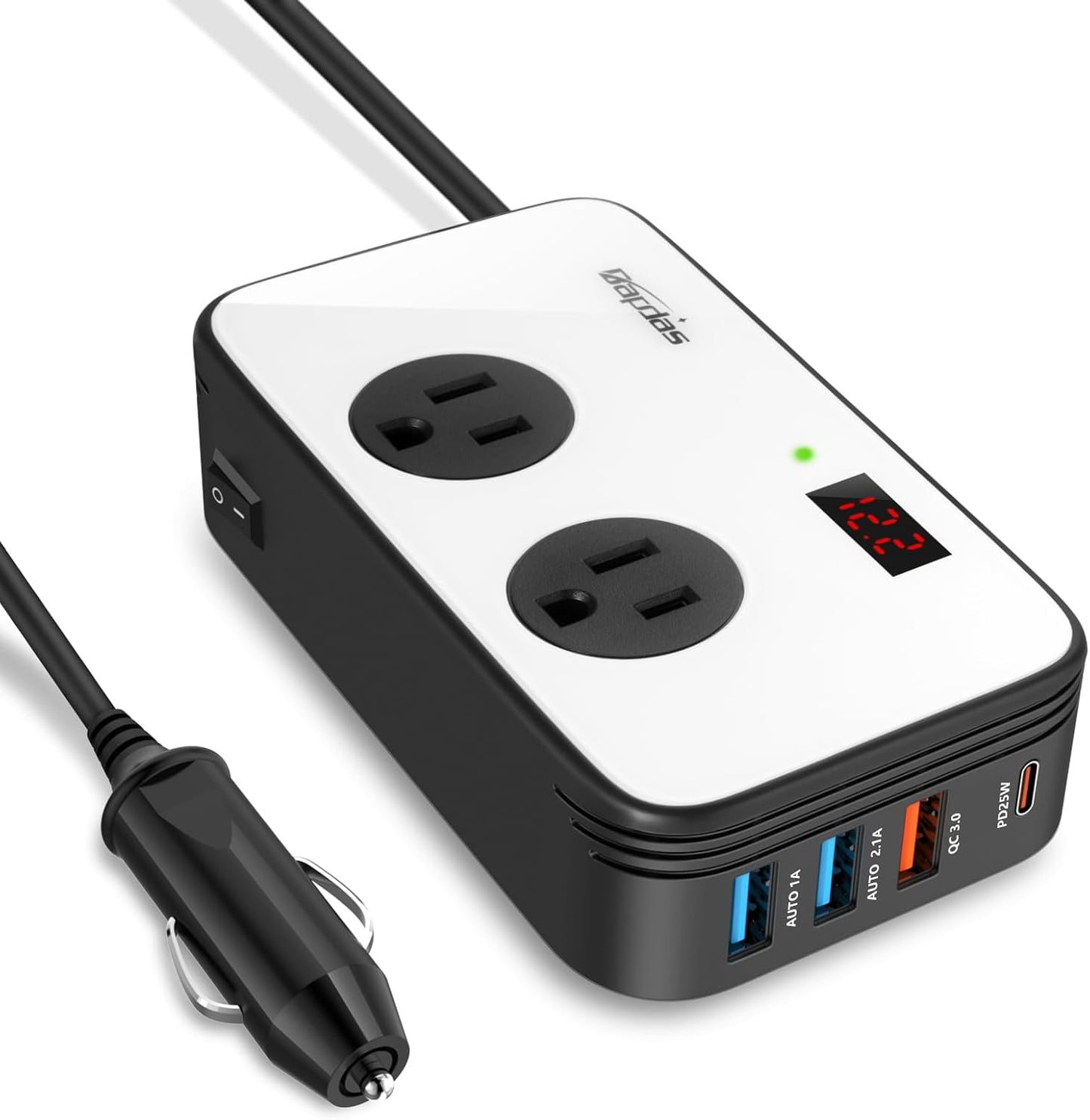 Bapdas 200W Power Inverter DC 12V to AC 110V Car Adapter Plug Outlet with PD 25W USB-C, QC3.0 and Dual USB Ports Loptop Car Charger