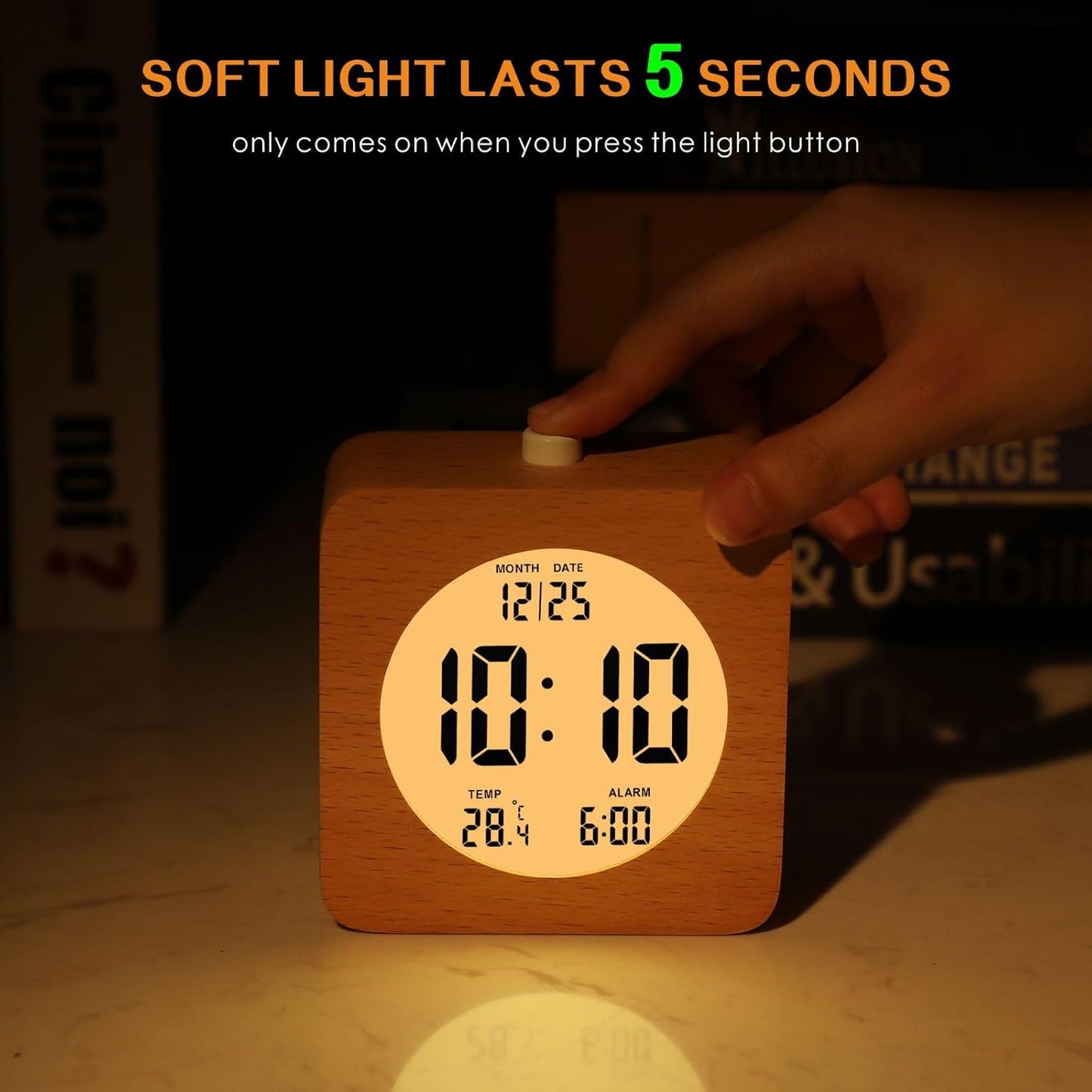 Plumeet Wooden Digital Alarm Clock for Bedrooms, Wood 4'' Battery Powered Alarm Clock with Snooze and Nightlight, Electronic LCD Desk Clock Display Time, Date, Temp, 12/24H, Wood Décor (Sapele, 3.2'')